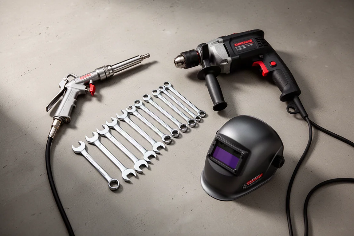 Workshop tools including a blow gun, wrenches, hammer drill, and welding helmet arranged on concrete
