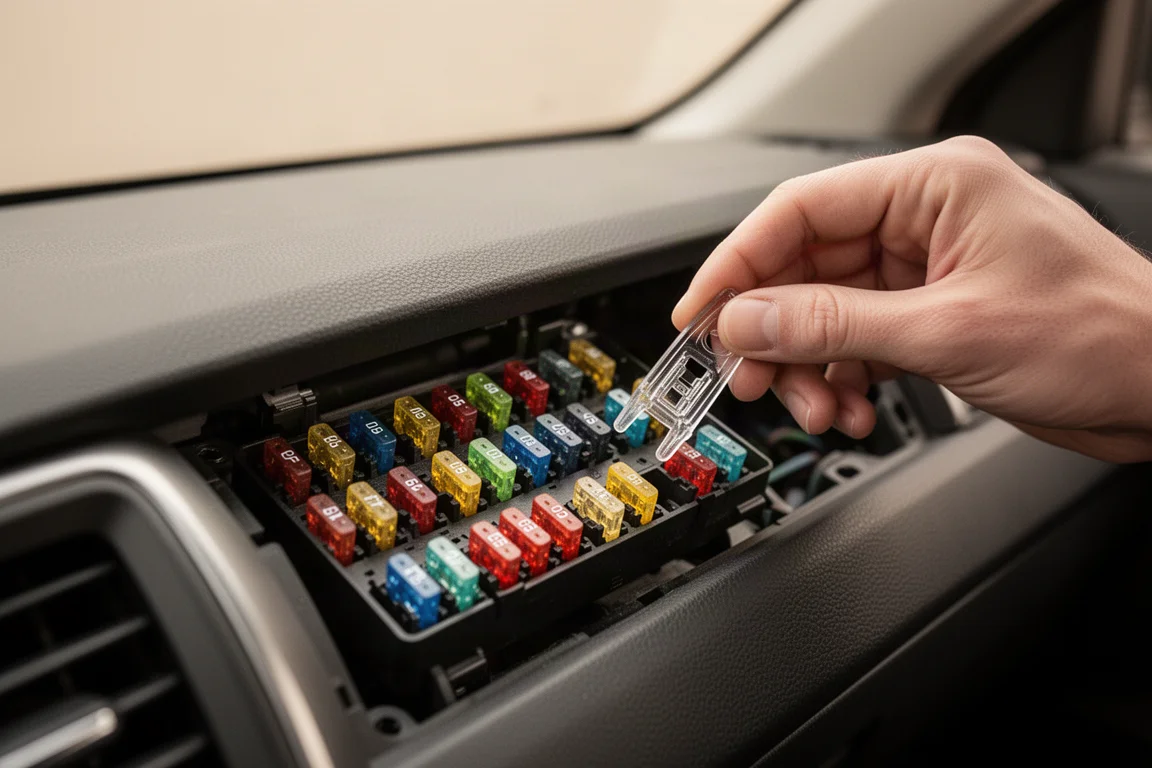 Vehicle fuse box with a fuse being removed using a small plastic puller