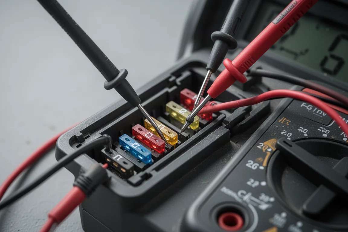 Multimeter probes held awkwardly against narrow fuse box contacts
