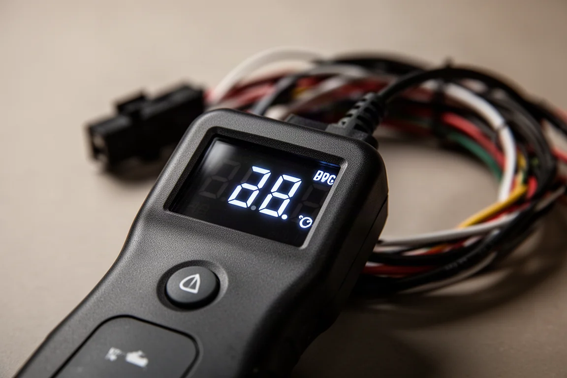 Close-up of a compact digital display reading amperage draw