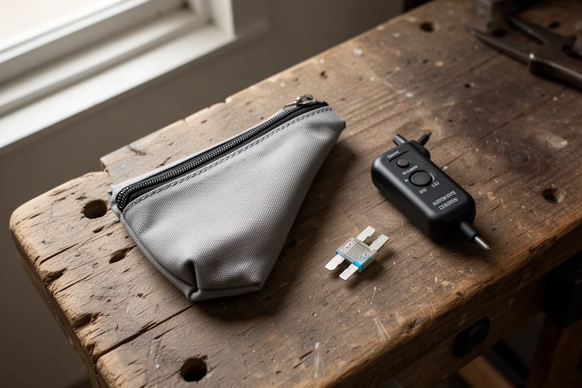 Simple zippered pouch and automotive tester laid flat on a workbench