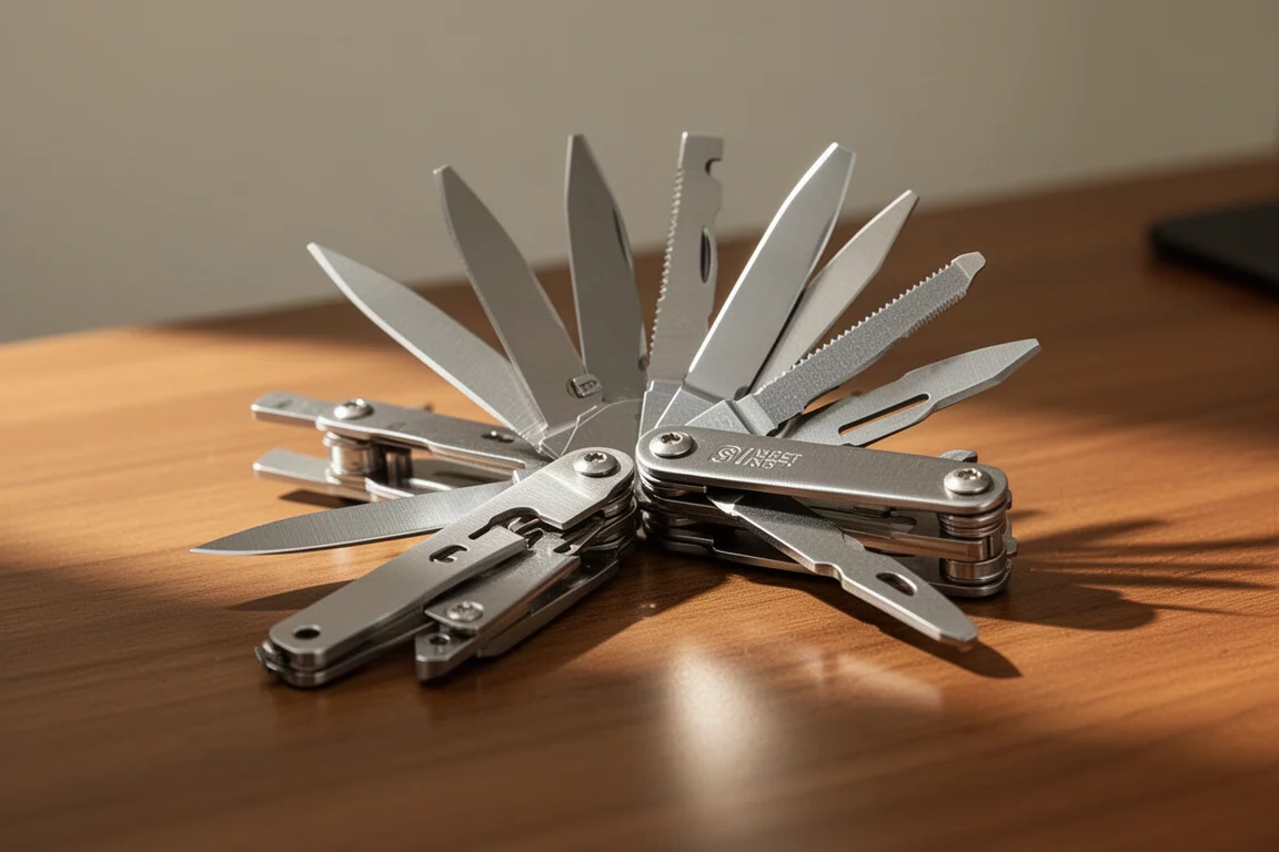 Lame di un multi-tool aperte a ventaglio su una scrivania in legno che mostra il meccanismo di bloccaggio