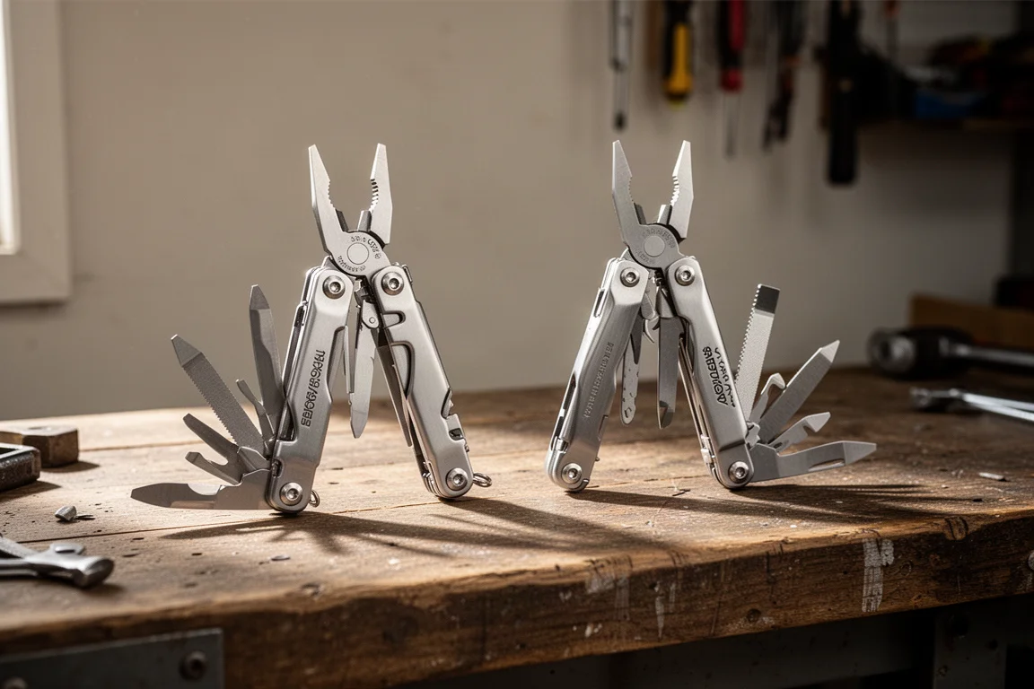 Due multi-tool affiancati su un banco da garage sotto luce calda
