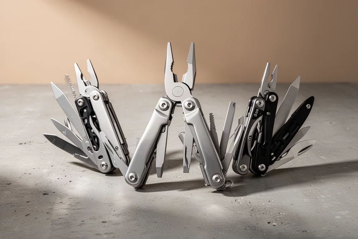 Three folding multi-tools arranged side by side on a concrete surface