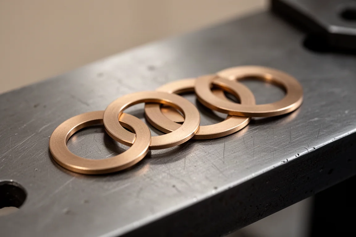 Primer plano de pequeñas arandelas de bronce dispuestas sobre un banco de trabajo