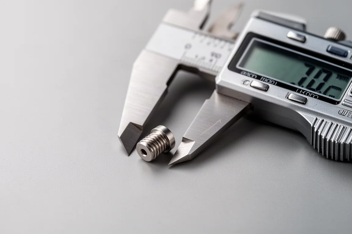 Calibre midiendo un pequeño tornillo pivotante de metal