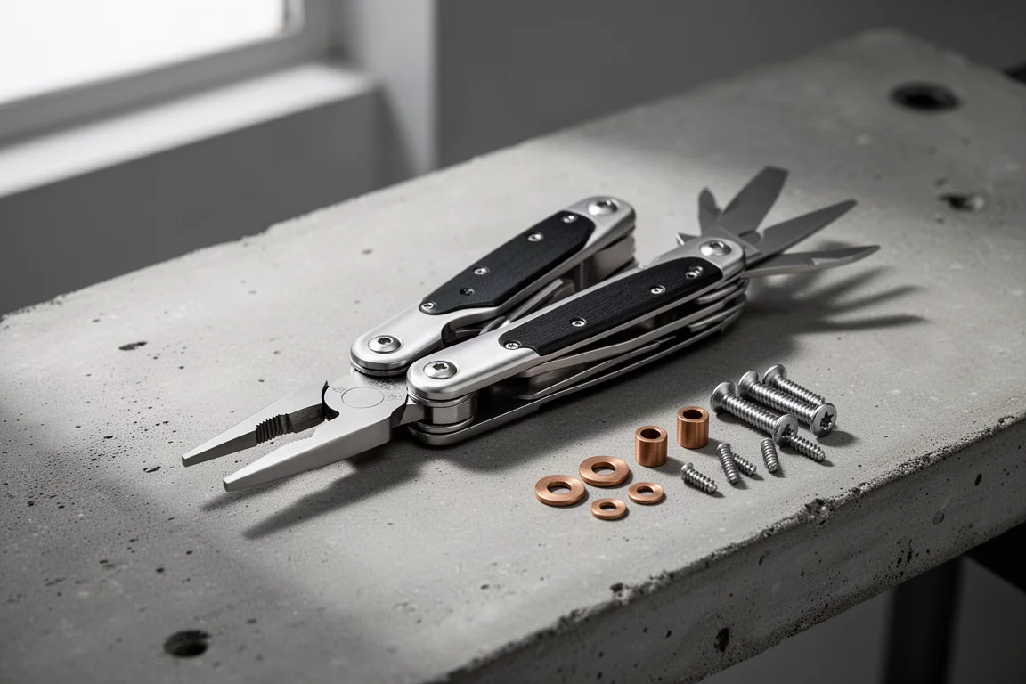 Folding multitool opened on a workbench with bronze washers and screws beside it