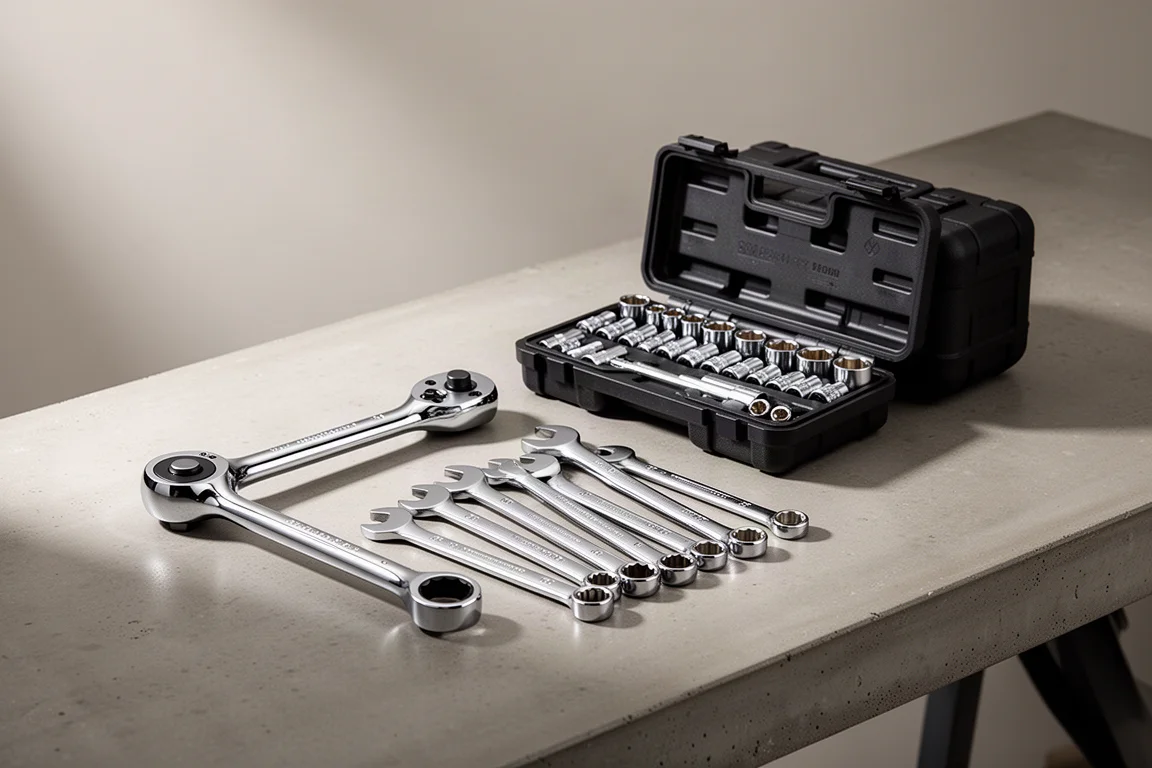 Hand tools including a ratchet, socket case, and wrenches arranged on a concrete workbench