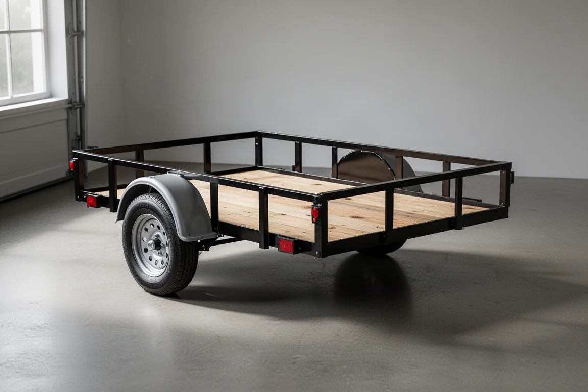 Harbor Freight Haul-Master kit utility trailer with wood decking on a concrete garage floor