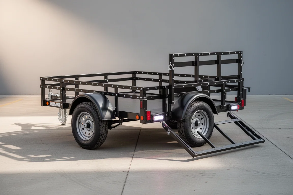 Harbor Freight Haulm 5x10 utility trailer with rail system and polymer fenders on concrete