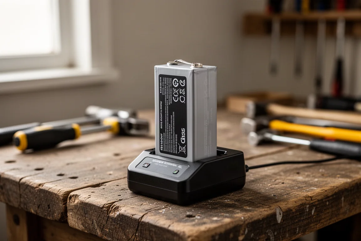 Cordless power tool battery pack and charger on a workshop bench