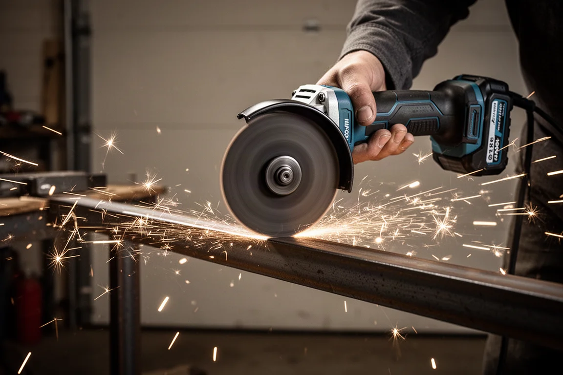 Angle grinder cutting metal in a garage workshop with sparks flying