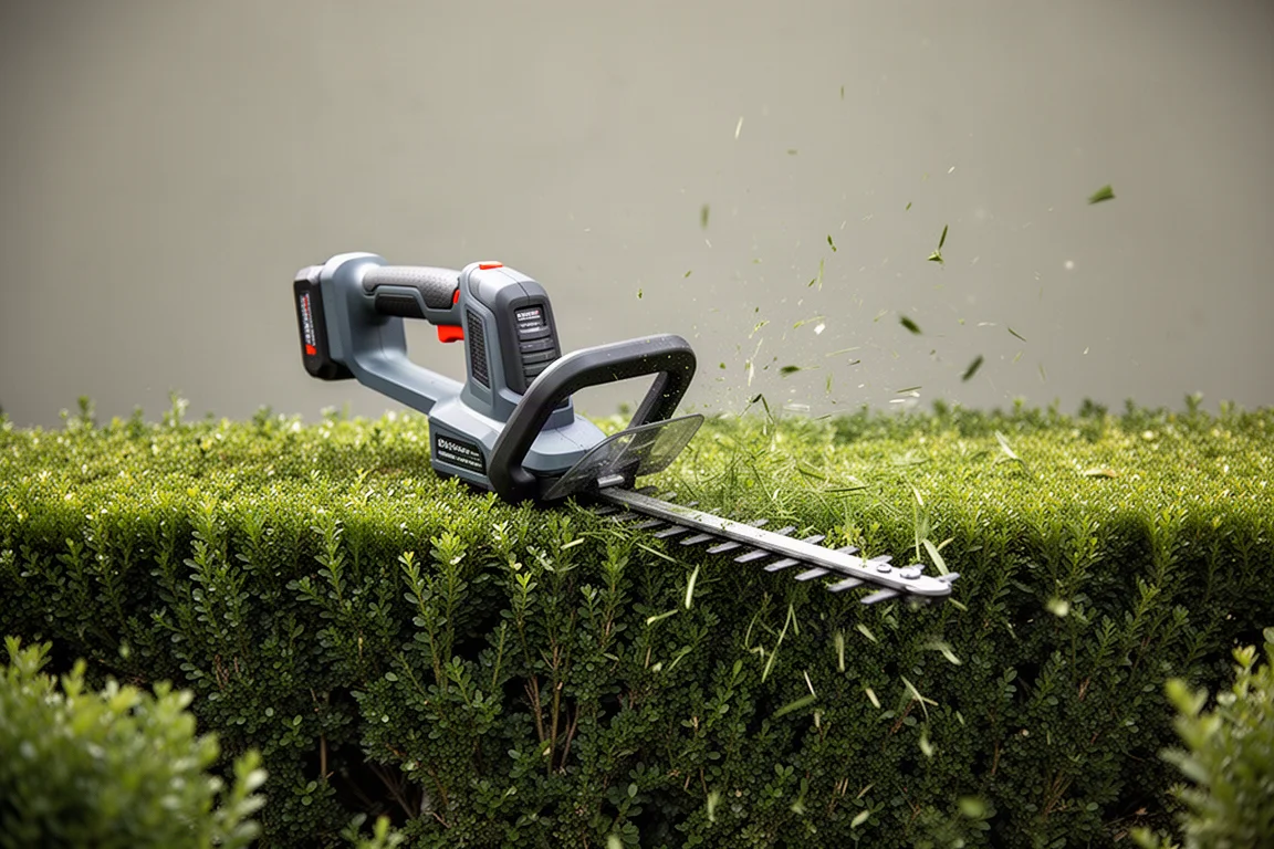 Cordless hedge trimmer trimming a garden hedge in daylight