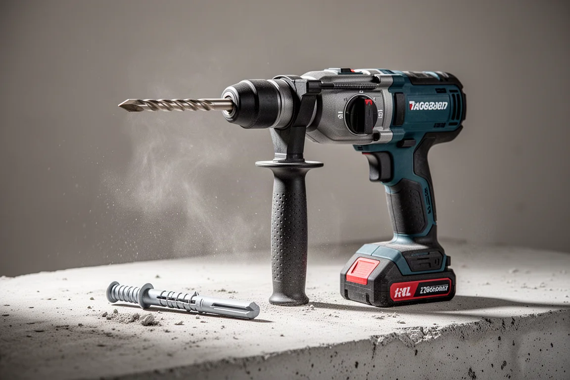 Cordless SDS hammer drill resting on concrete with drilling dust