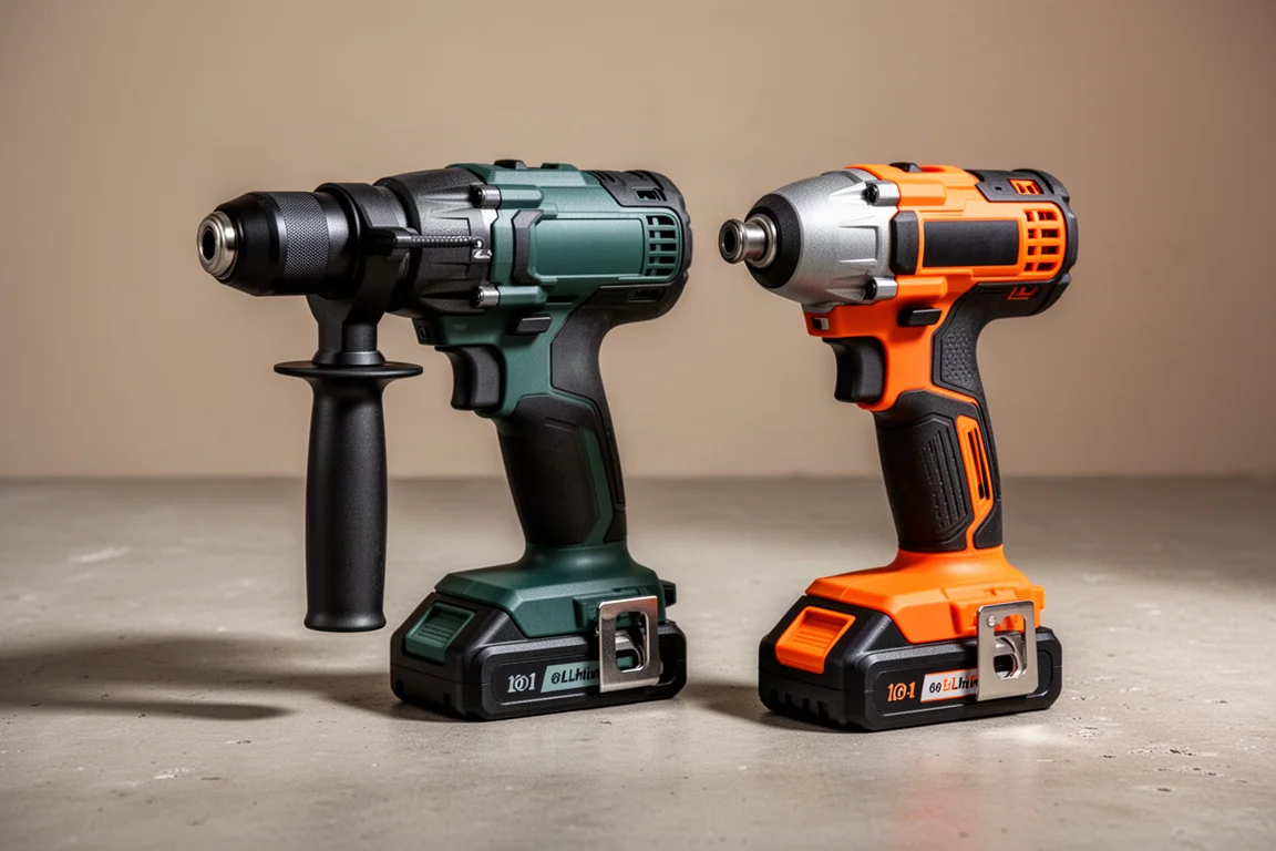 Two cordless power drills with battery packs on a concrete workshop floor
