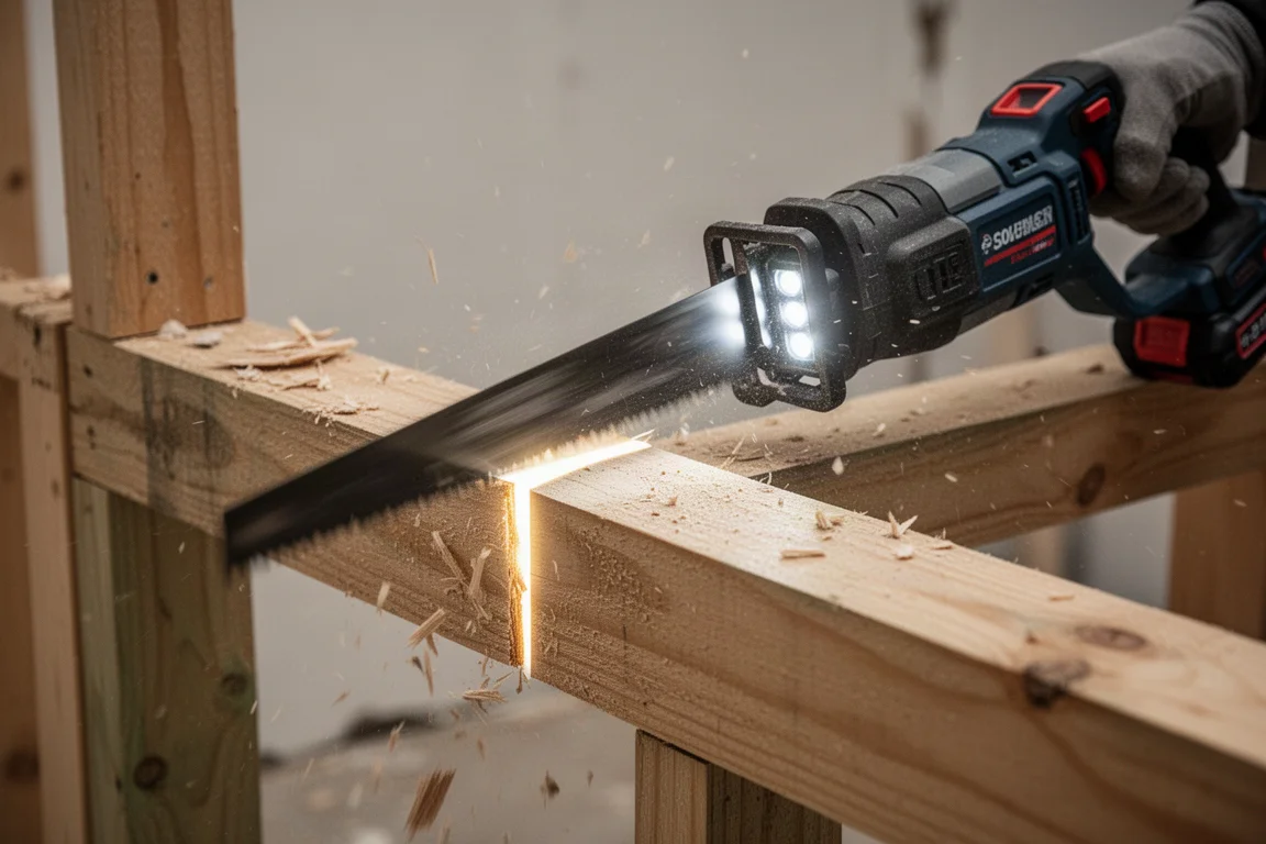 Scène de démolition avec une scie sabre coupant une ossature en bois