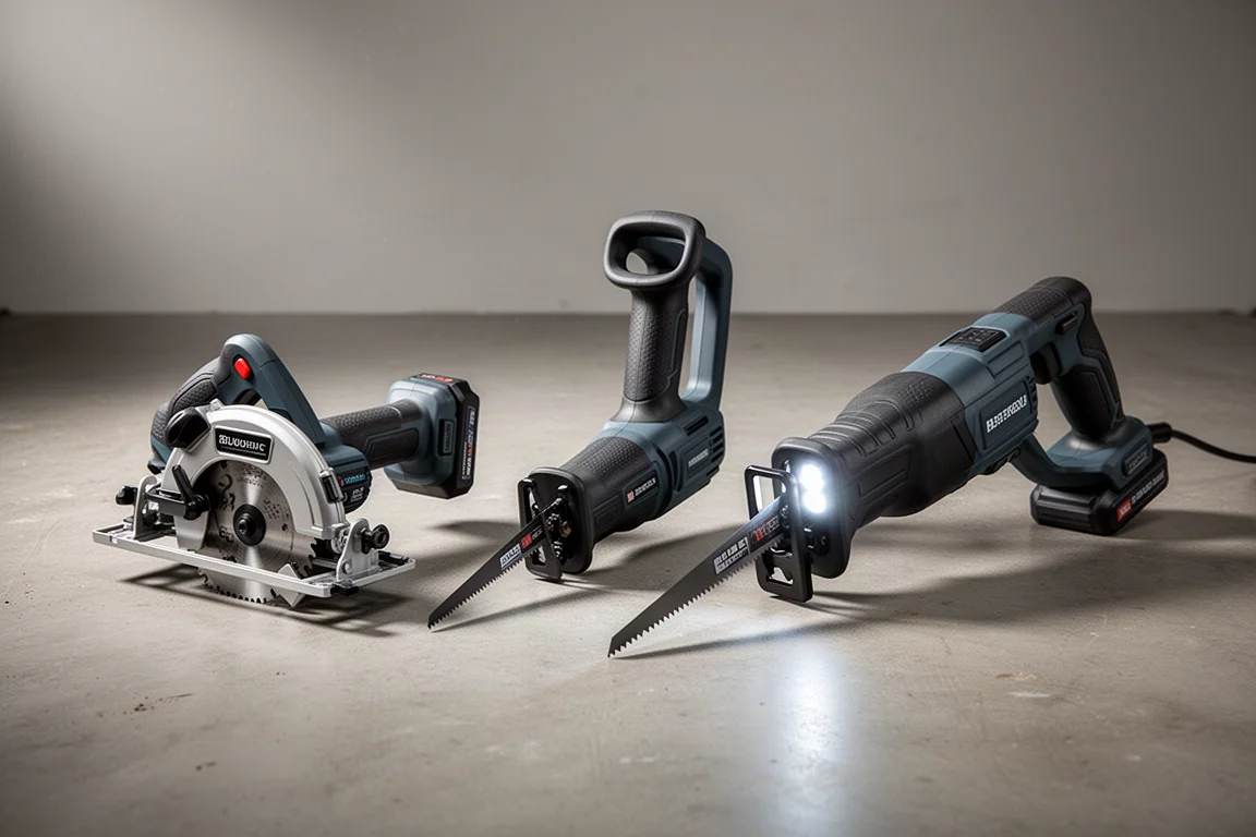 Three cordless Hercules saws lined up on a concrete workshop surface