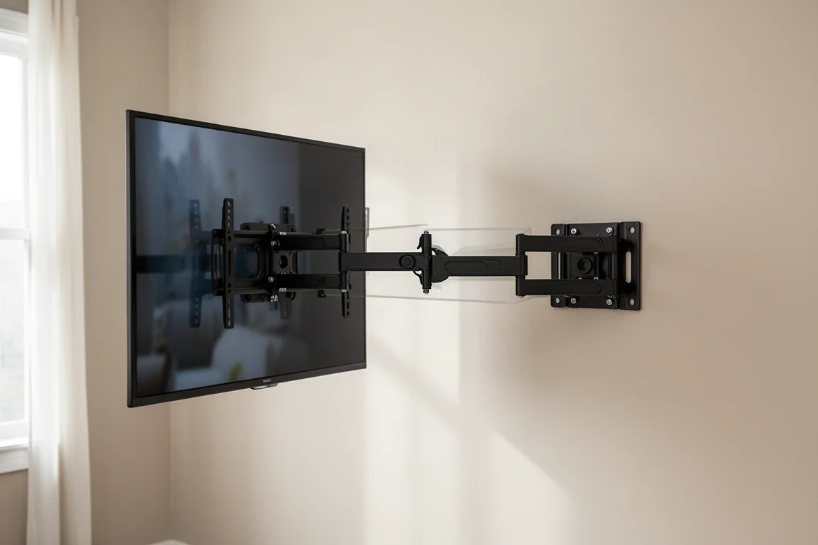 TV a schermo piatto montata su una staffa articolata a parete in uno spazio abitativo