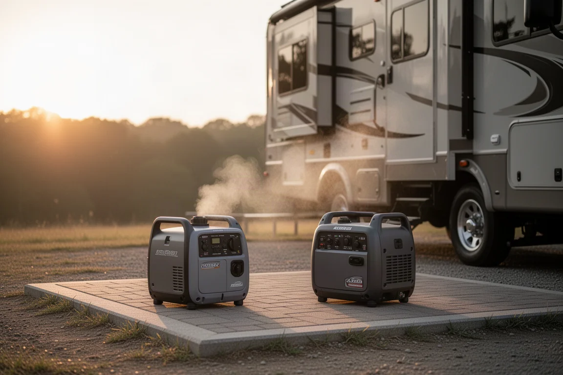 Generatore inverter compatto in funzione accanto a un camper in un campeggio verso sera