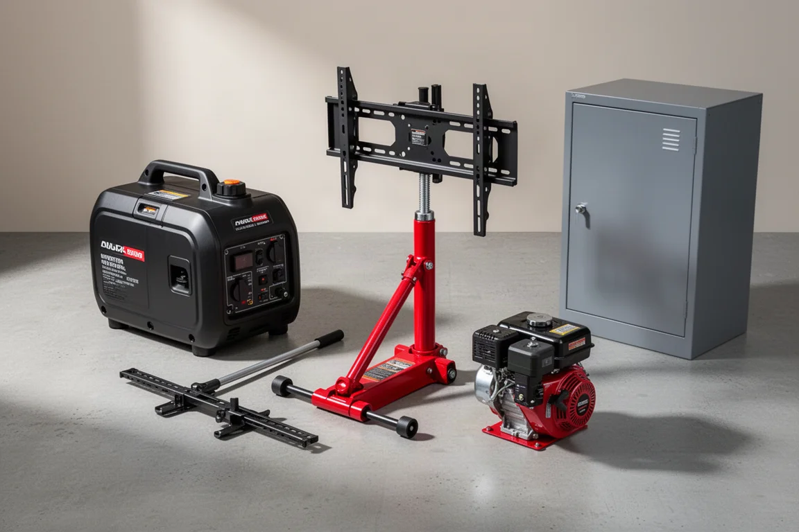 Inverter generator, TV wall mount, bottle jack, small engine, and steel cabinet arranged on concrete