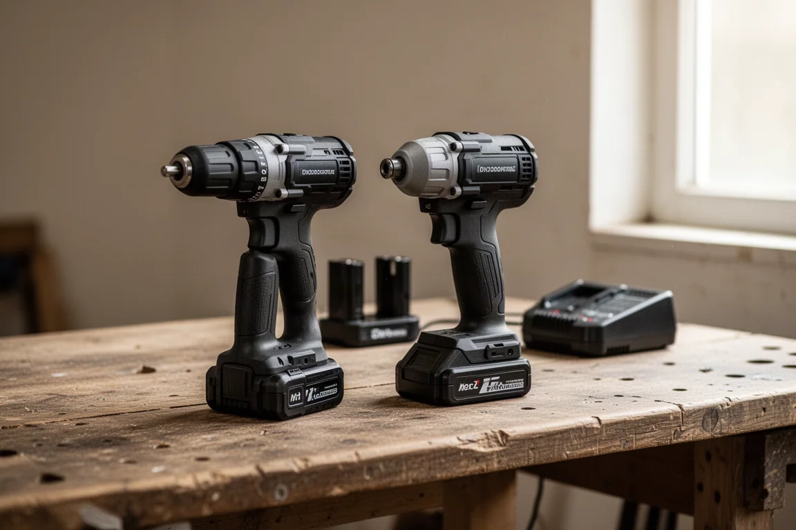 Trapano a percussione brushless compatto e avvitatore a impulsi appoggiati su una panca di legno