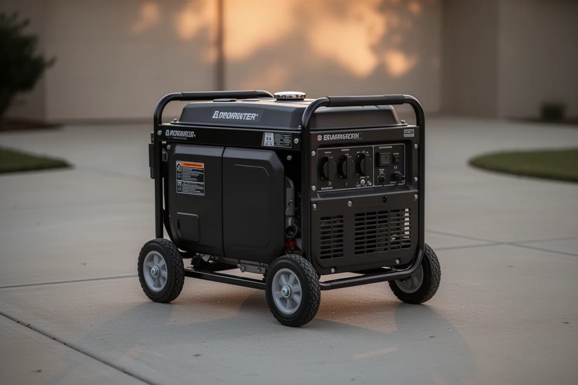Generatore inverter portatile su un vialetto di cemento nella luce soffusa della sera