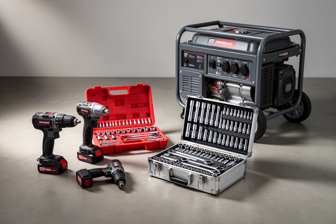 Workshop gear arrangement including drills, socket set cases, and a portable generator on concrete