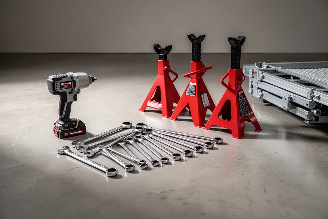 Workshop tools including wrenches, jack stands, and a trailer frame arranged on concrete