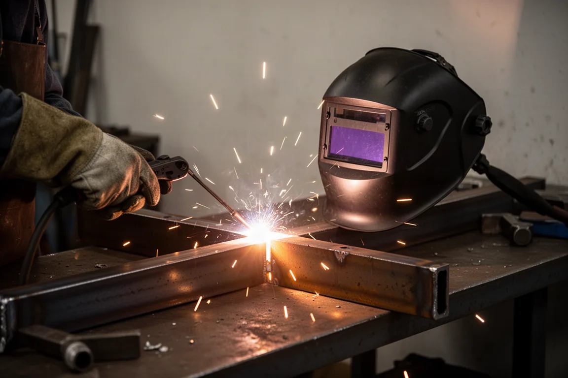 Poste à souder MIG en utilisation avec de vives étincelles de soudure dans un atelier sombre