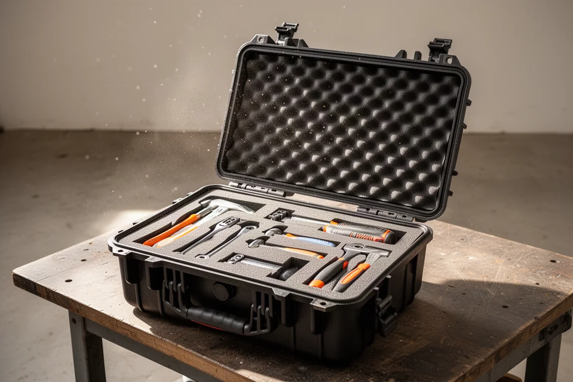 Valise de protection rigide ouverte sur un établi, contenant des outils soigneusement rangés