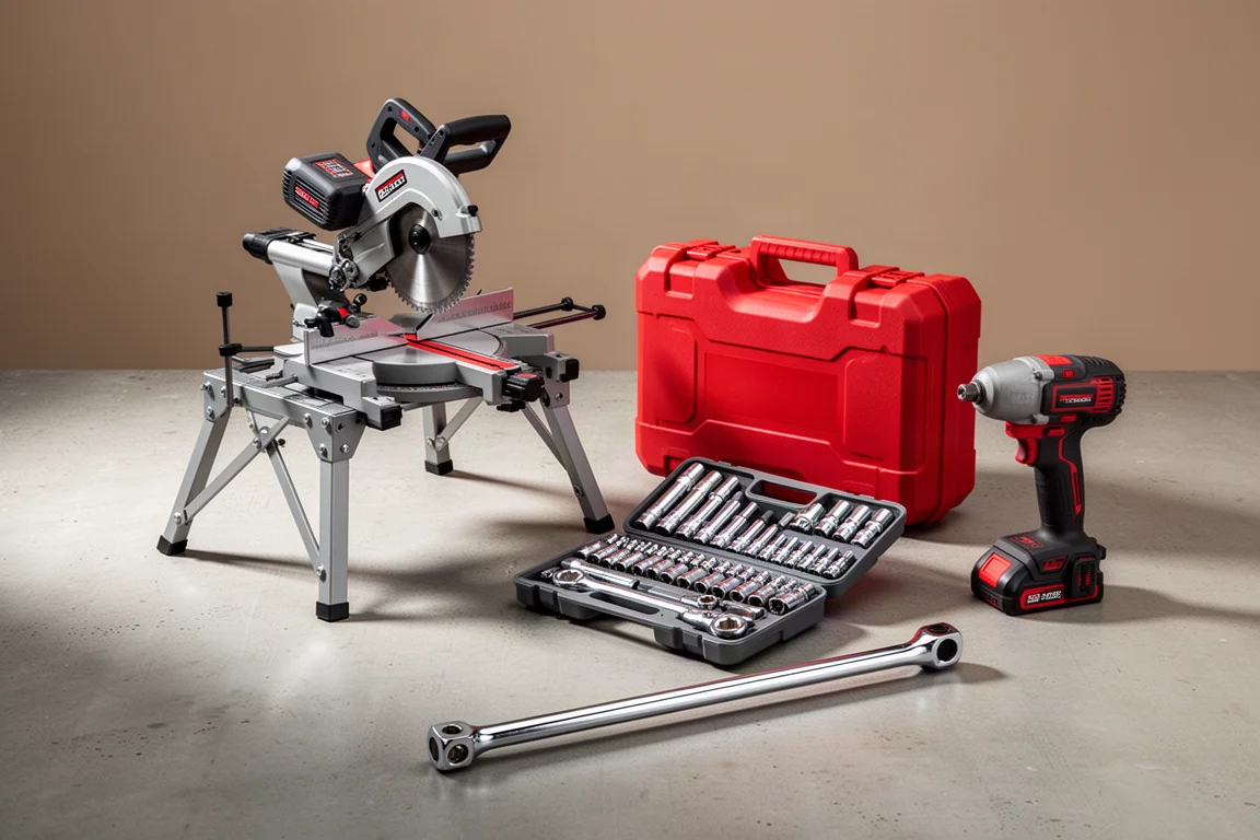 Assorted workshop tools including a miter saw stand, socket set, breaker bar, impact wrench and hard case on concrete