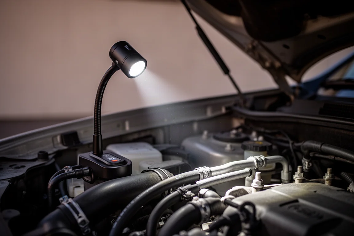 Luce da lavoro LED flessibile fissata con morsetto nel vano motore che illumina i componenti