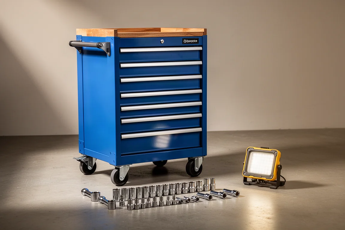 Rolling tool cart, sockets, and work light arranged on a concrete workshop floor