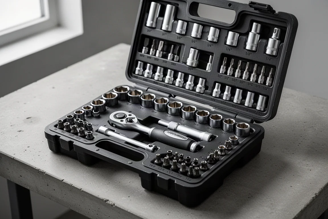 Open hard-shell case filled with 1/4-inch sockets, ratchet, and bit set