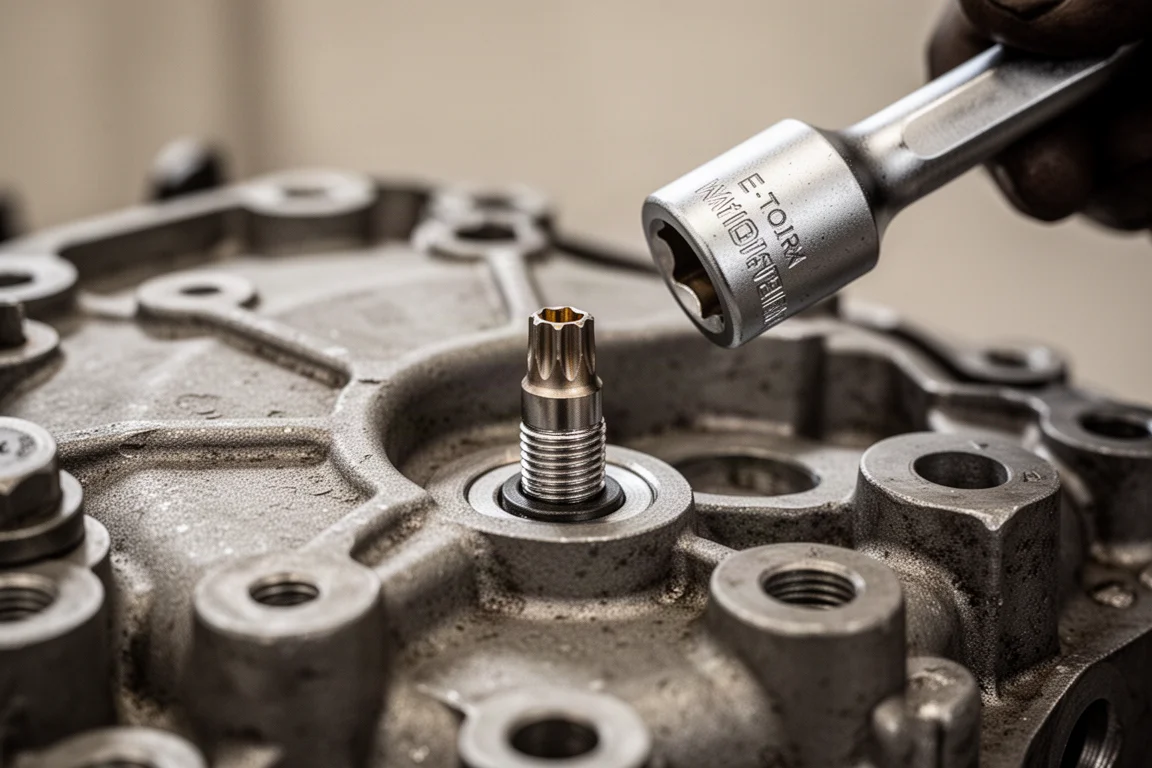 E-Torx-fäste på en motorkomponent i en bil som bearbetas