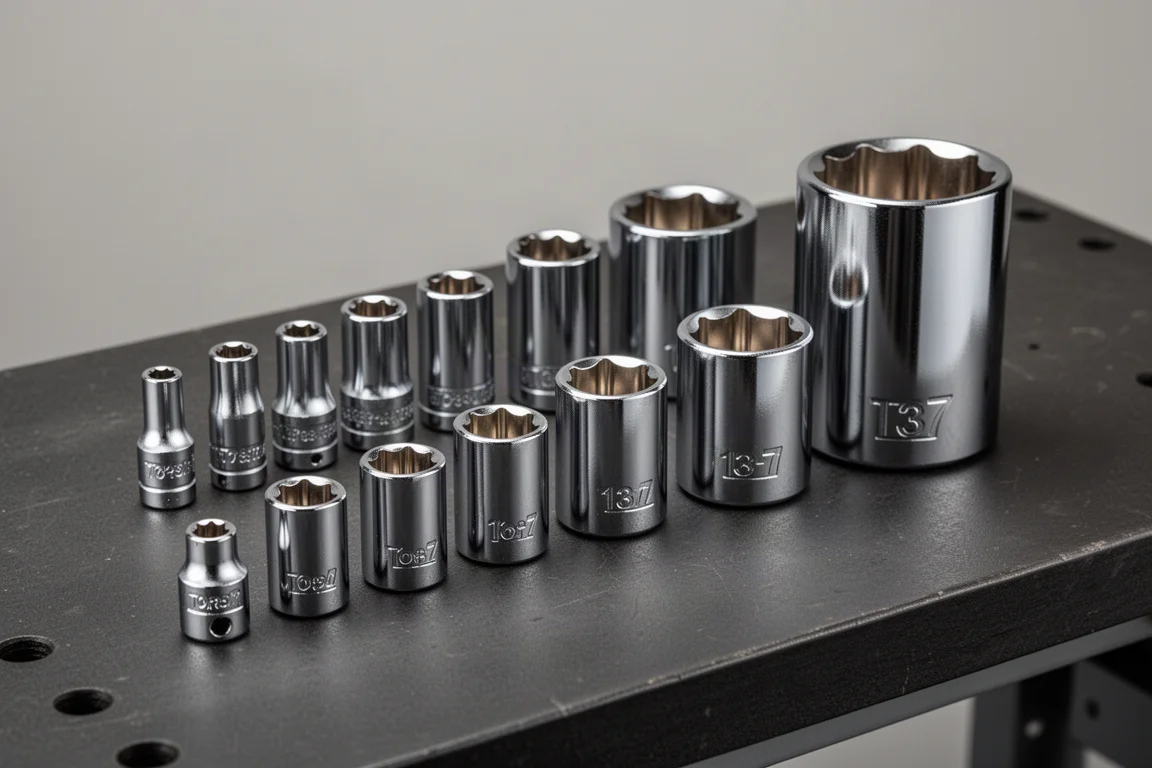 Thirteen chrome deep E-Torx sockets arranged on a dark workbench