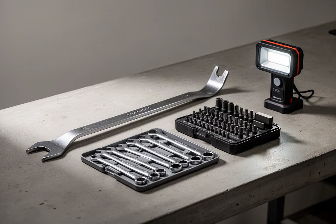 Assorted new hand and power tools arranged on a concrete workbench