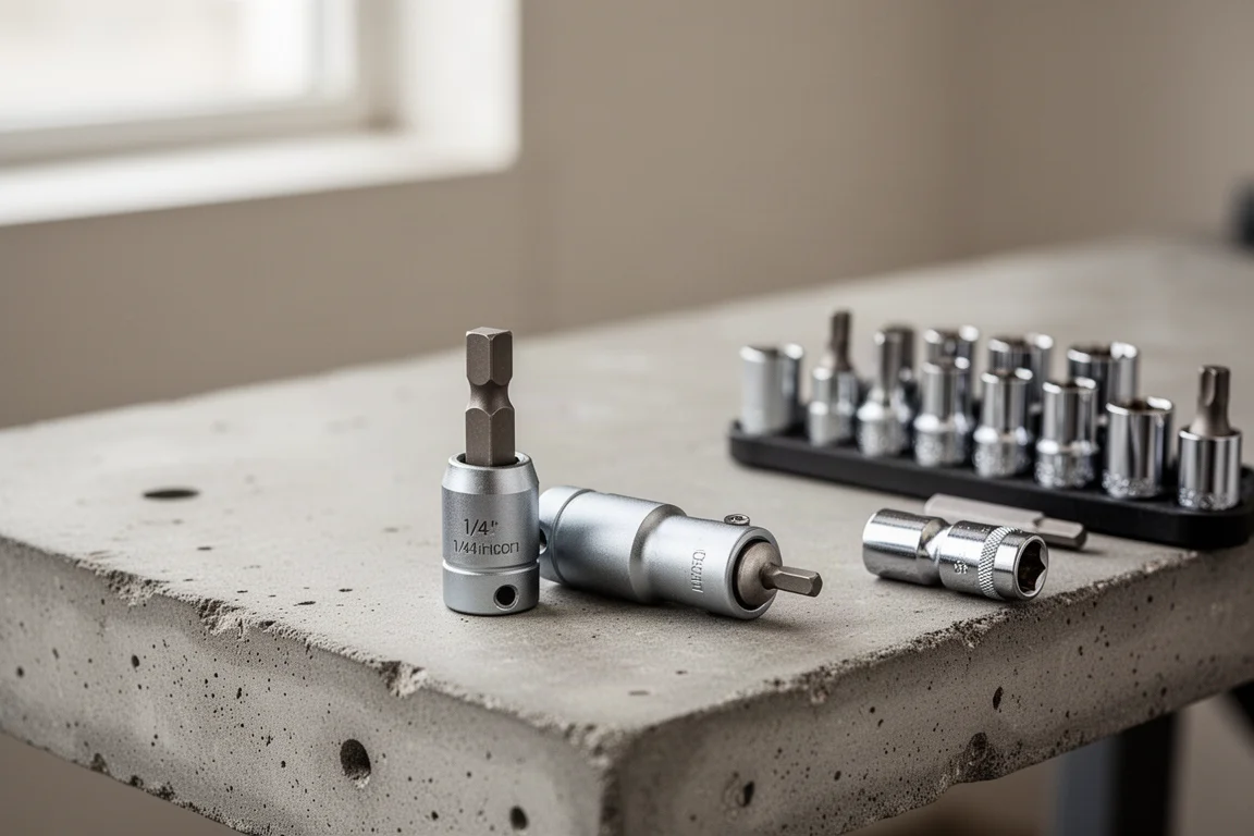 1/4-Zoll-Adapter, eingesetzt in einen flachen Bit-Treiber, auf einer Werkbank