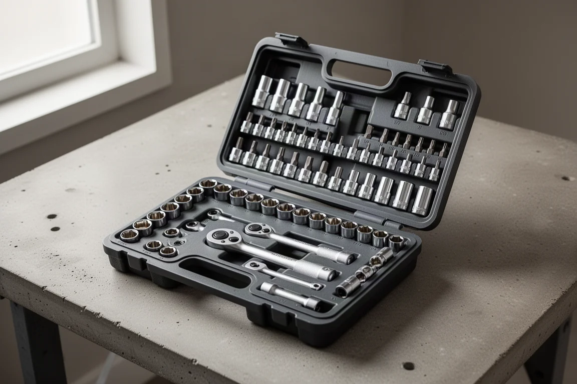 Open compact tool case with sockets, bits, ratchet, and extensions neatly arranged