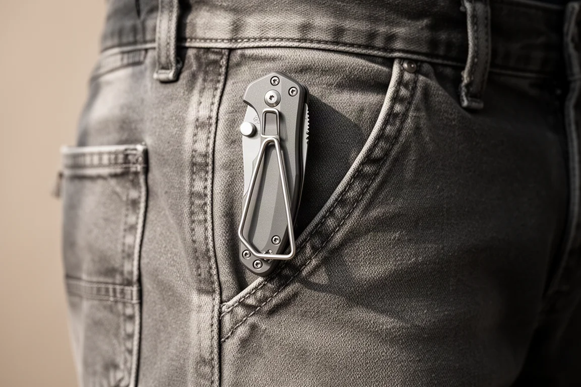 Taschenclip eines Klappmessers ragt weit über den Stoffrand der Hosentasche hinaus