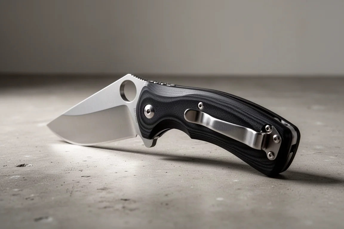 Harbor Freight Icon folding knife with curved black handle and satin blade on concrete