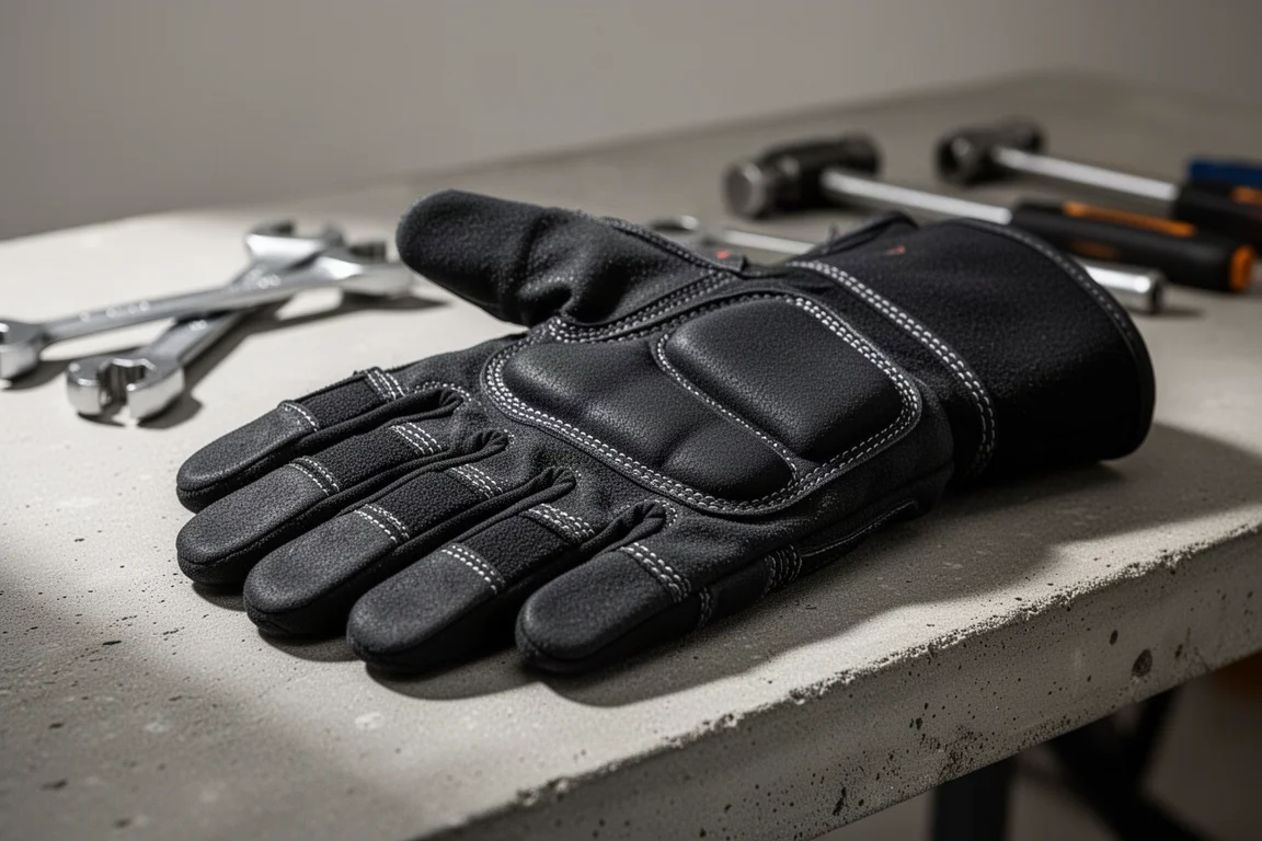Arbeitshandschuh mit gepolsterter Handfläche auf einer Betonwerkbank