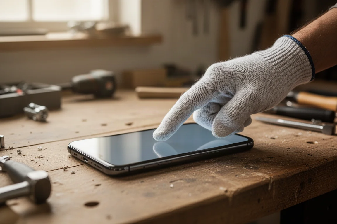 Handschuhfingerspitze tippt auf einen Smartphone-Bildschirm