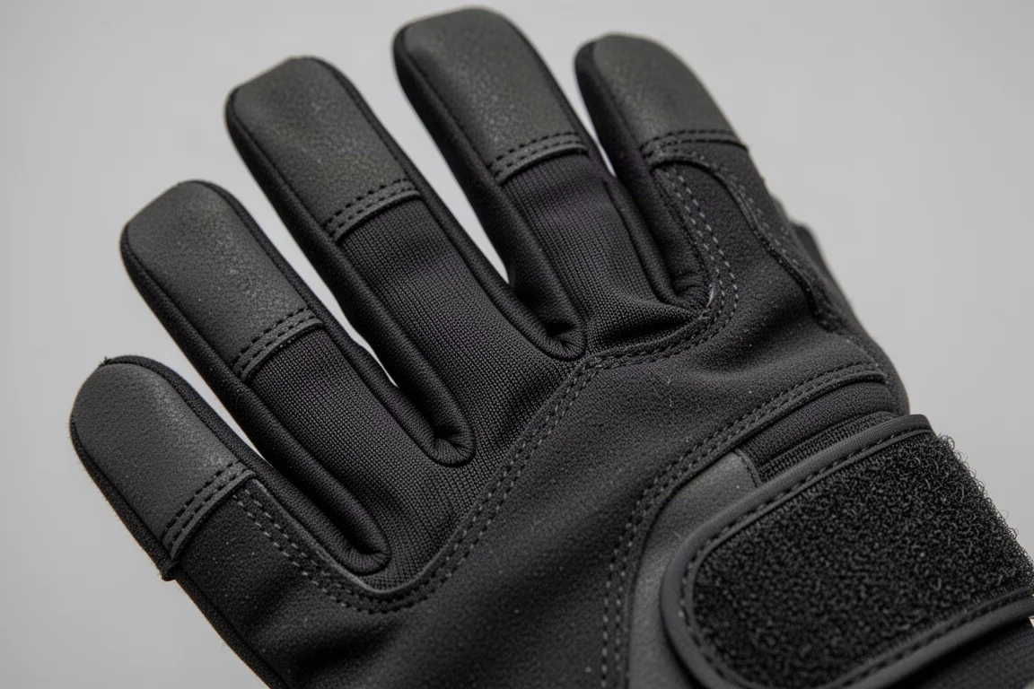 Spandex-Einsatz zwischen den Handschuhfingern in Nahaufnahme