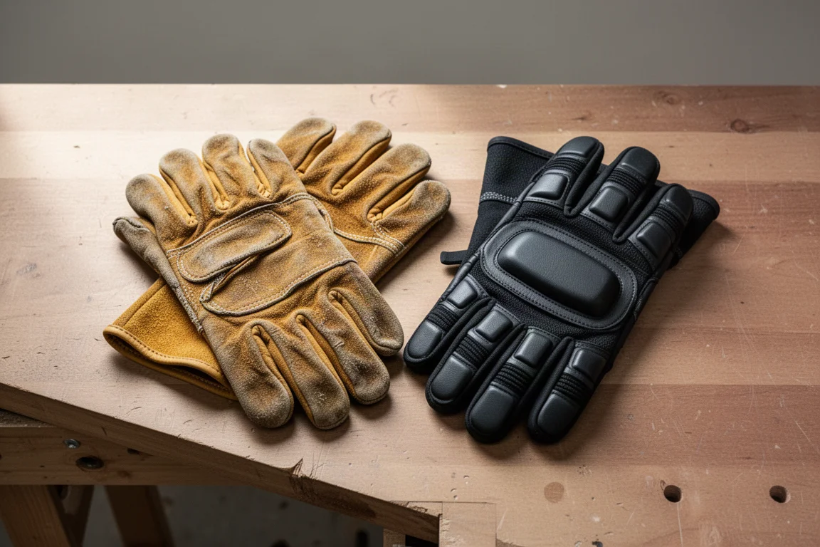 Stark abgenutzte Leder-Work-Gloves neben einem Paar neuer schwarzer Handschuhe