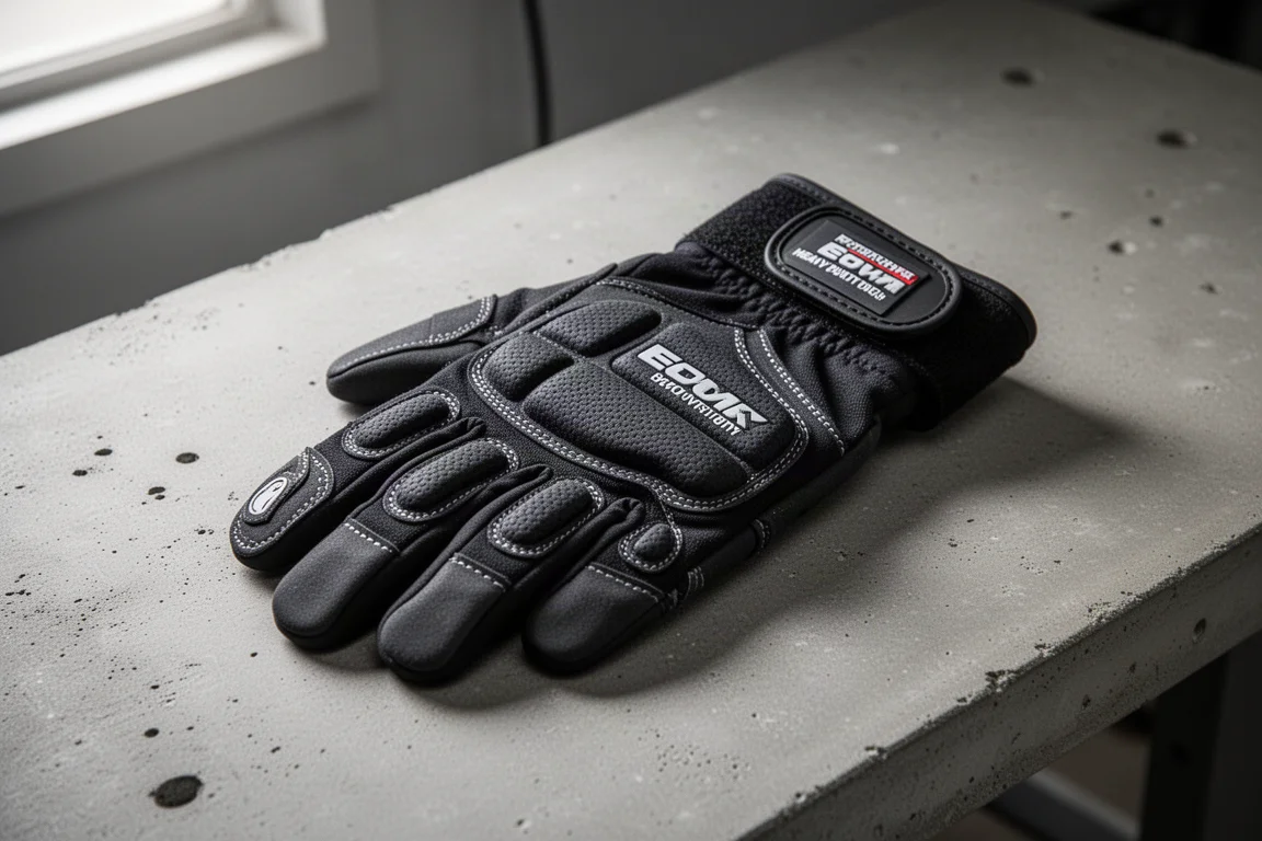 Pair of black padded work gloves on a concrete workbench