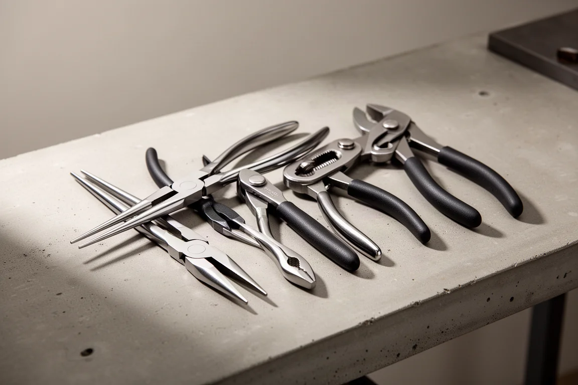 Assorted chrome hand pliers arranged on a concrete workbench