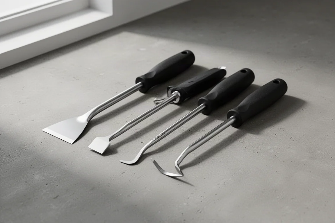 Harbor Freight Icon four-piece scraper and pick set on a matte concrete surface