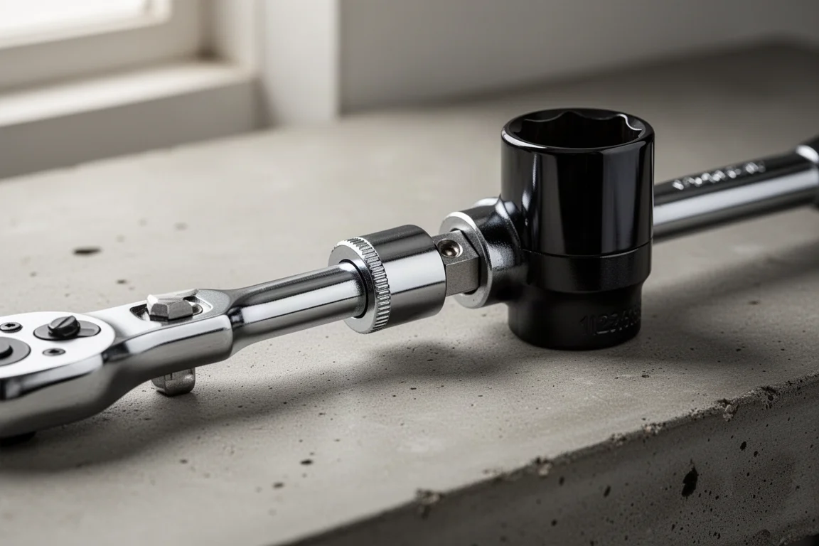 Socket adapter connecting a large socket to a small drive ratchet on a workbench