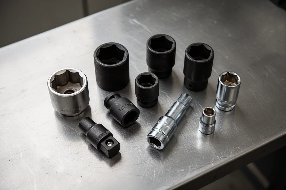Assorted specialty sockets including spark plug and impact sockets arranged on a bench